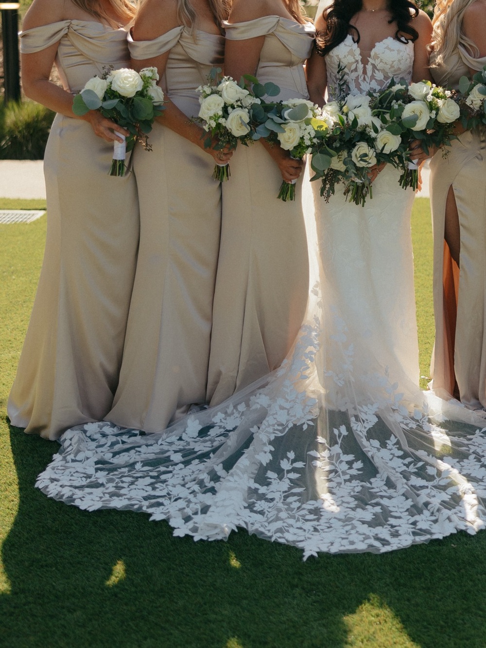 Off-Shoulder Satin Bridesmaid Gown in Champagne